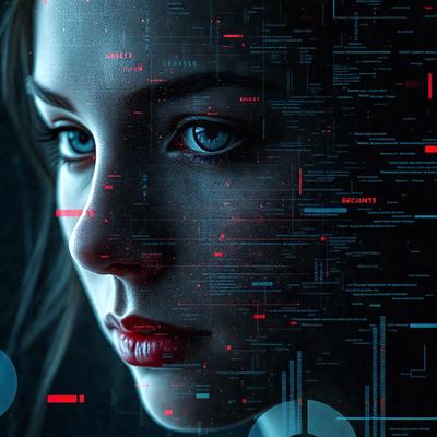 The primary subject of the image is a woman with blue eyes, who is the main focus of the scene. She is surrounded by a digital art background, which features a combination of red, blue, and white colors. The visual style of the image is a close-up of the woman's face, with a pattern of red and blue dots surrounding her. The overall atmosphere of the image is one of intrigue and mystery, as the woman's face is partially obscured by the digital art background.